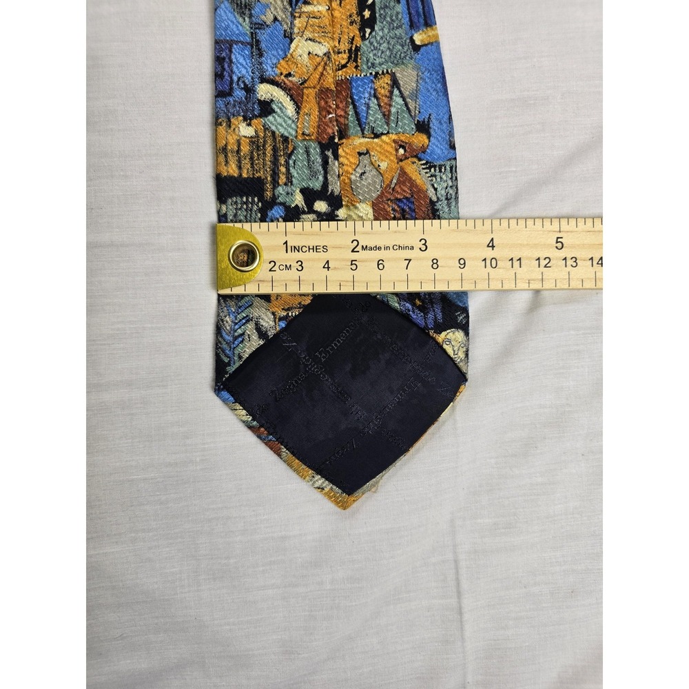 Ermenegildo Zegna Tie Mens Silk Blue Yellow Abstract Art Print Necktie Colorful - Picture 4 of 4